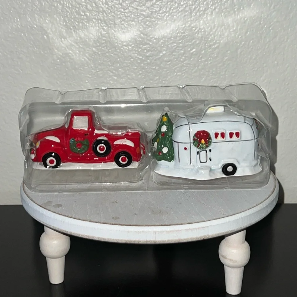 Happy Camper Christmas Red Truck and White Camper Decor Salt & Pepper Shaker Set